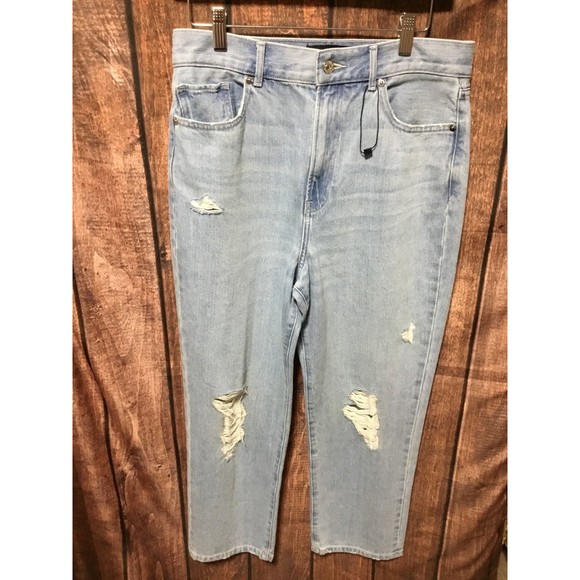 Express Denim - Express Super High Waisted Light Wash Ripped Straight Jeans Size 8 NWOT